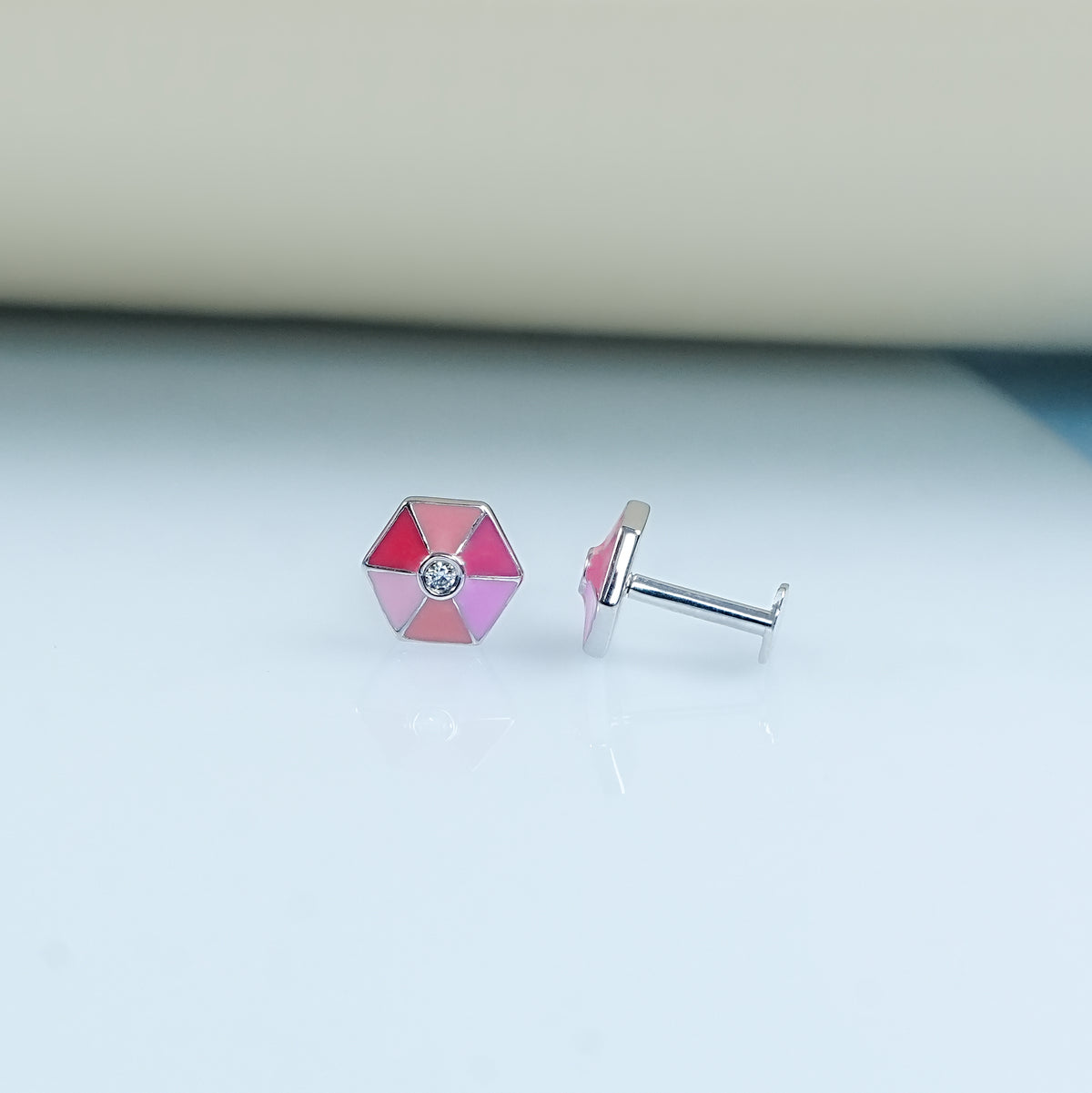 Pink Enamel Hexagon Shape Earrings