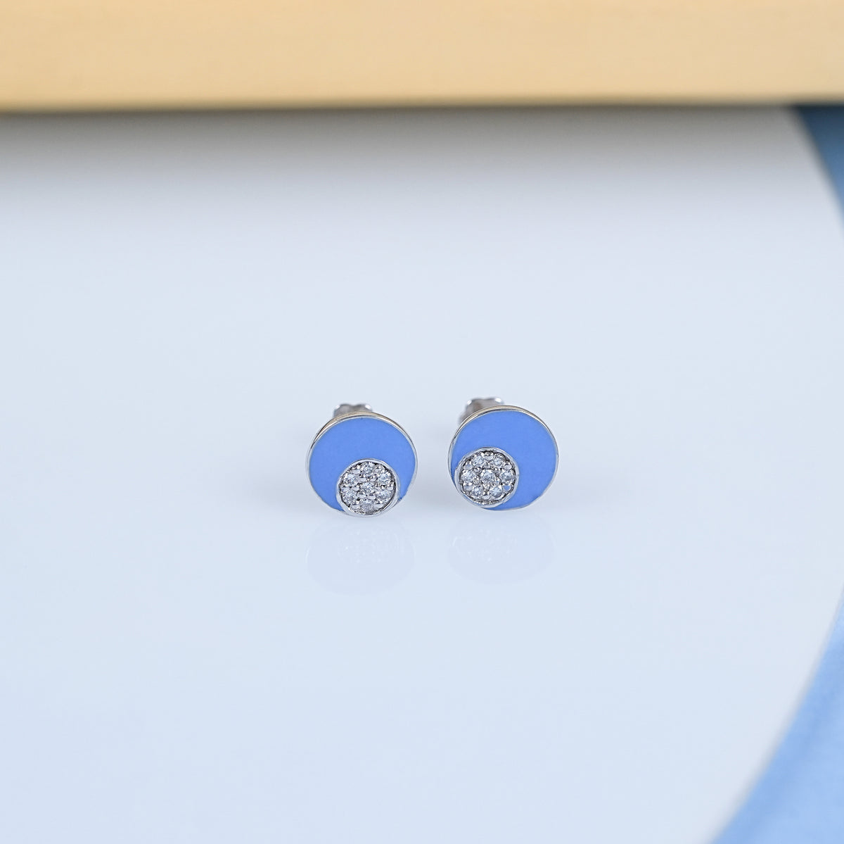 Sky Blue Enamel Round Diamond Pave Set Kids Stud Earrings