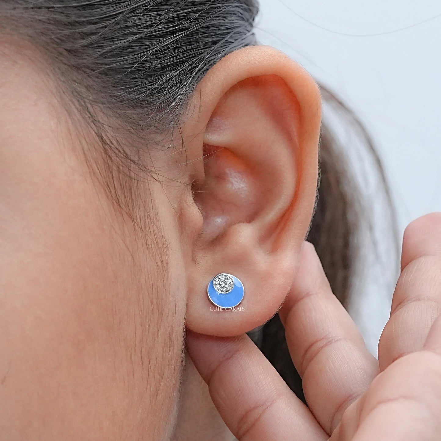 Sky Blue Enamel Round Diamond Pave Set Kids Stud Earrings