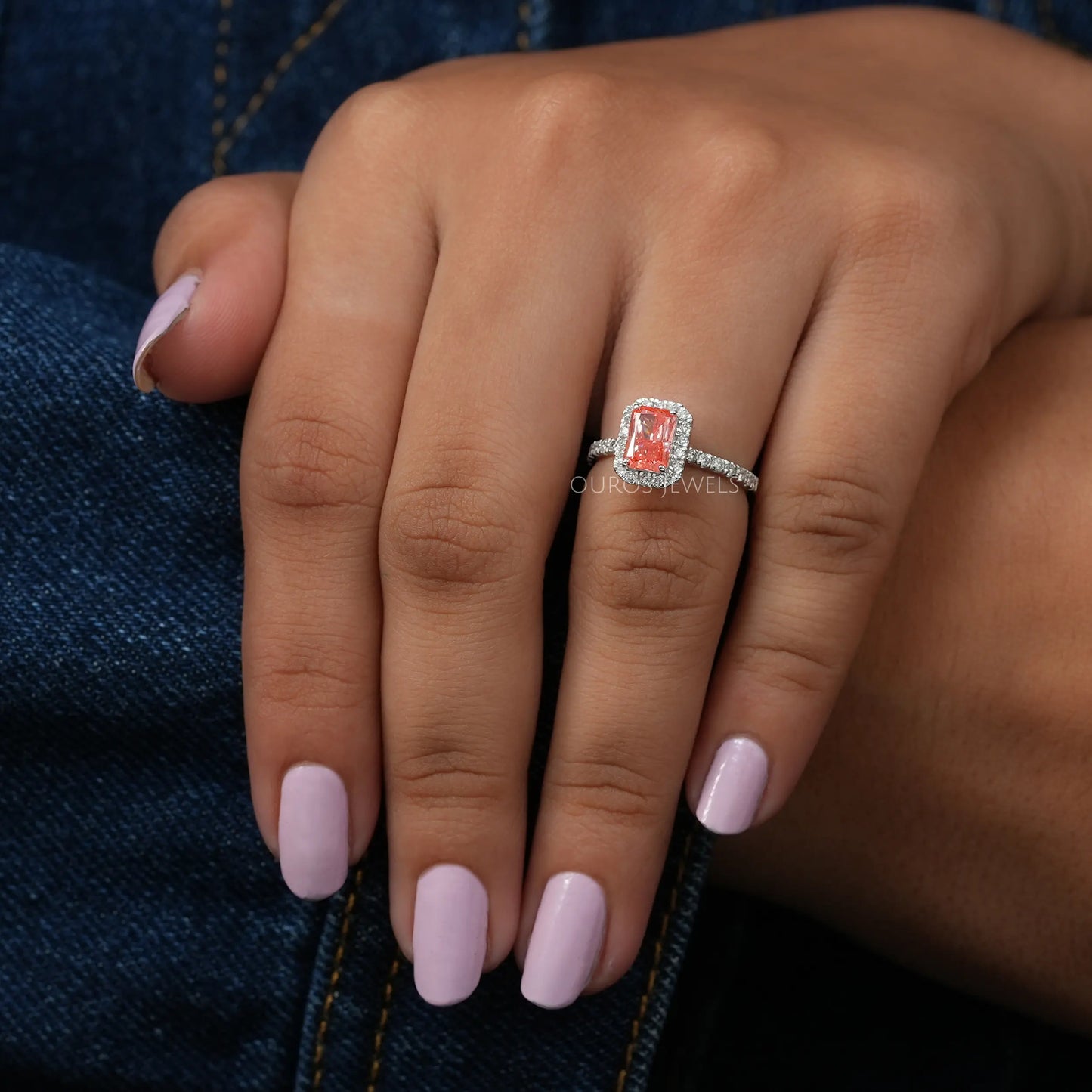 Pink Radiant Cut Halo With Accent Diamond Ring