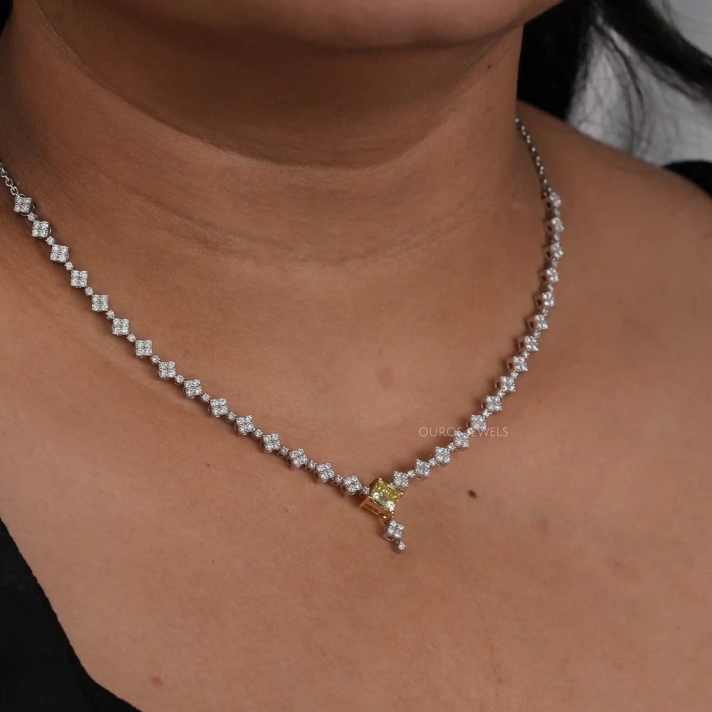 Yellow Princess And Round Cut Cluster Diamond Necklace
