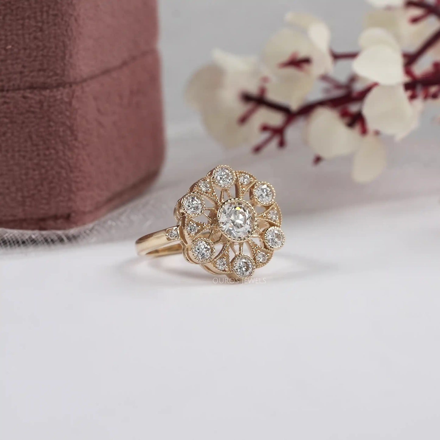 Old European Round Lab Diamond Flower Shape Ring