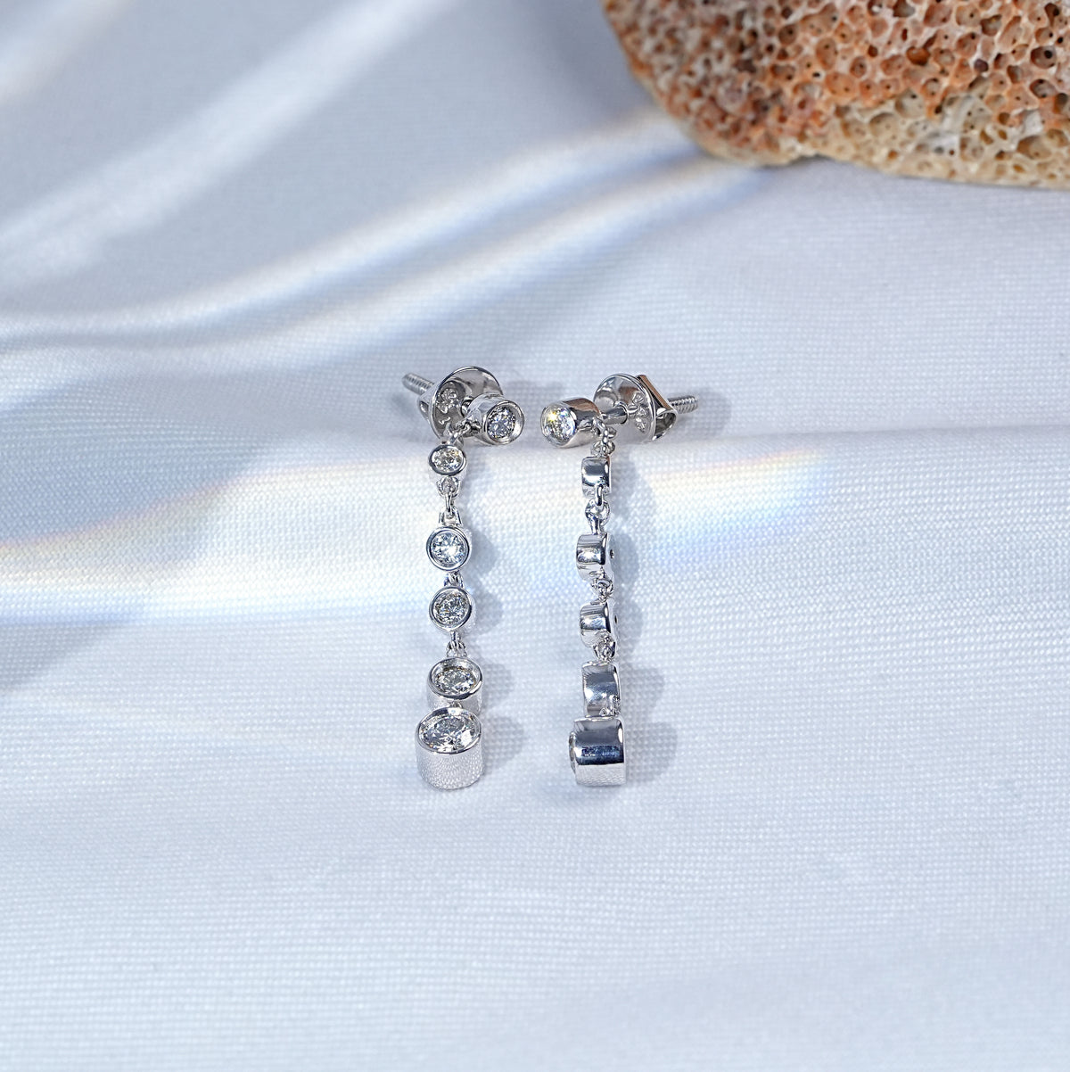Round Diamond Bezel Set Dangle Drop Earrings