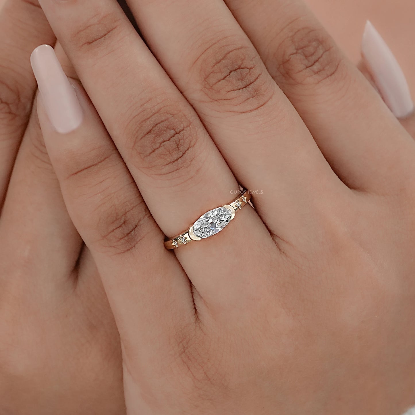 East West Old Mine Moval Cut Half Bezel Ring
