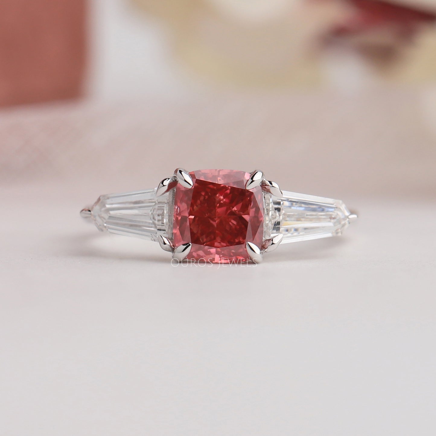Pink Cushion And Antique Cut Three Stone Ring