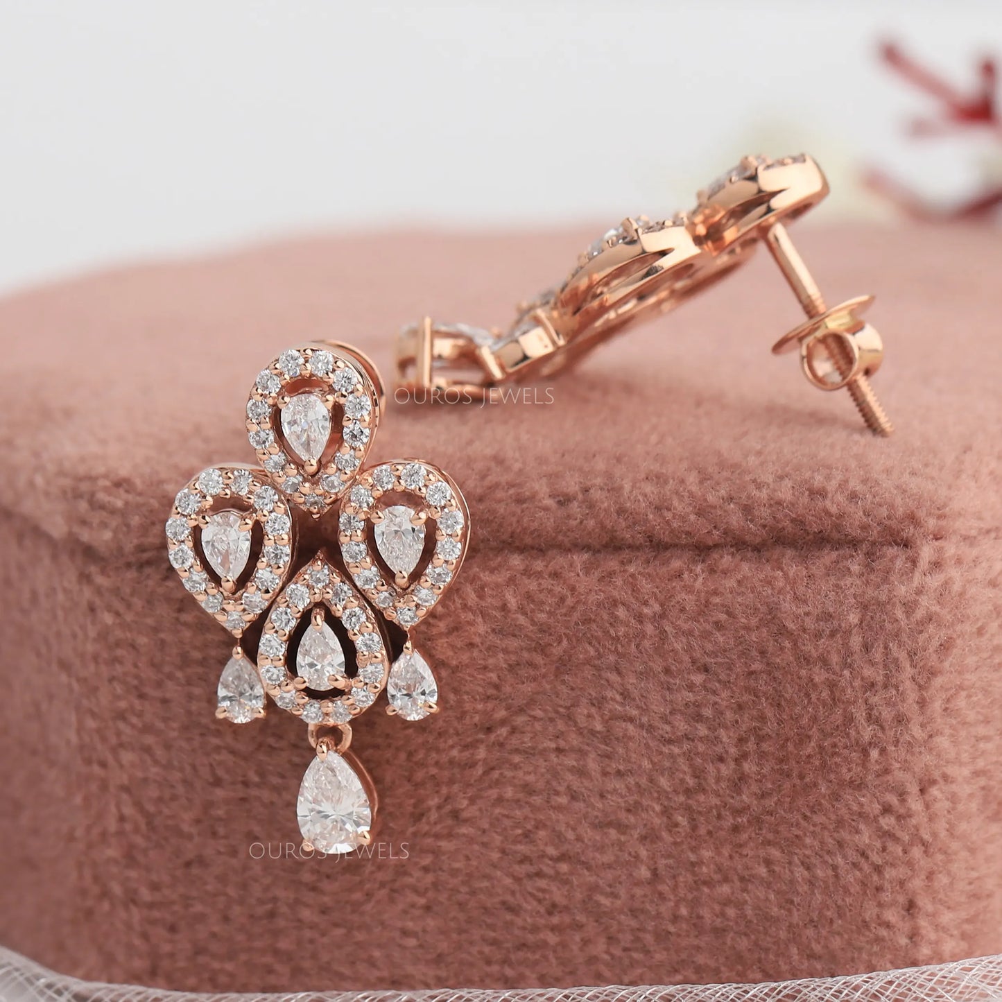 Rose Gold Pear Cut Halo Earrings