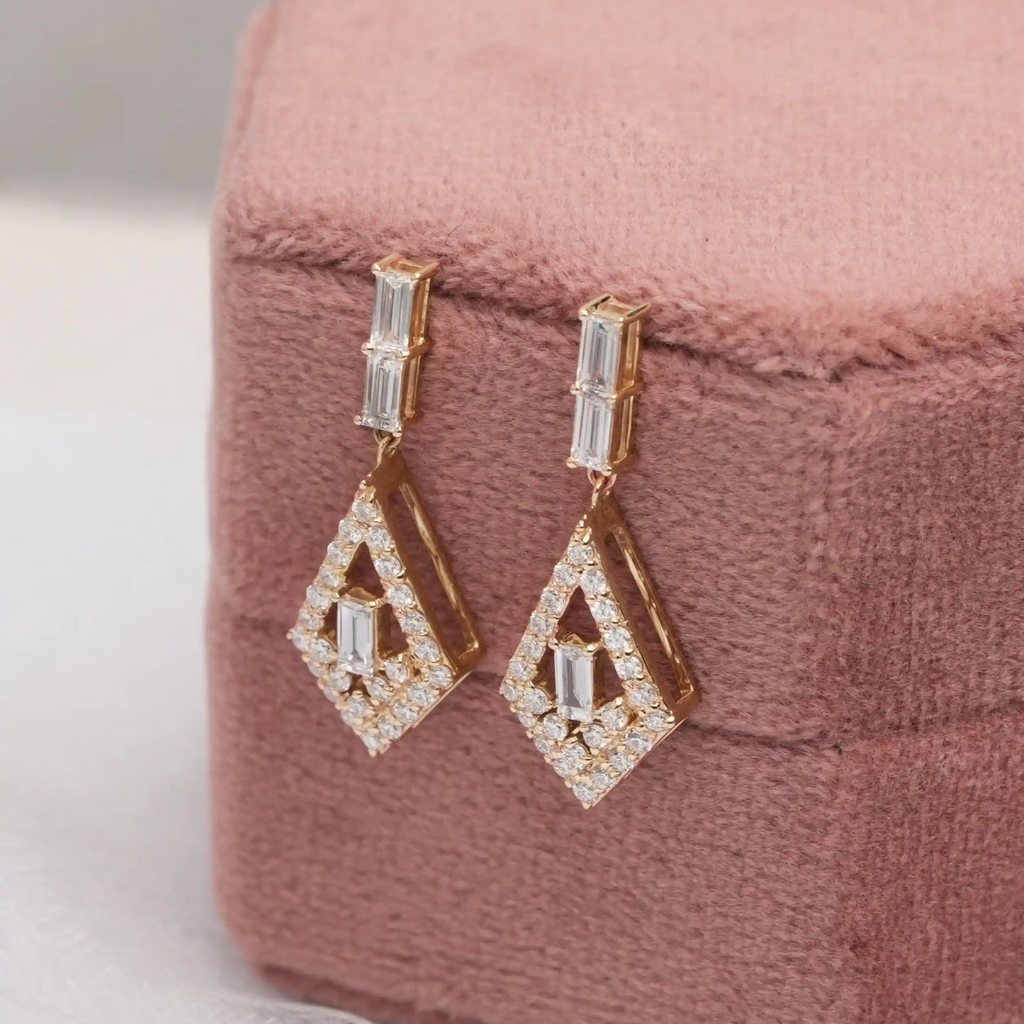 Kite Shape Baguette and Round Halo Teardrop Earrings