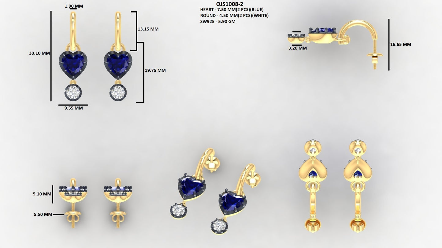 Sapphire Heart Gemstone Round Diamond Drop Earrings