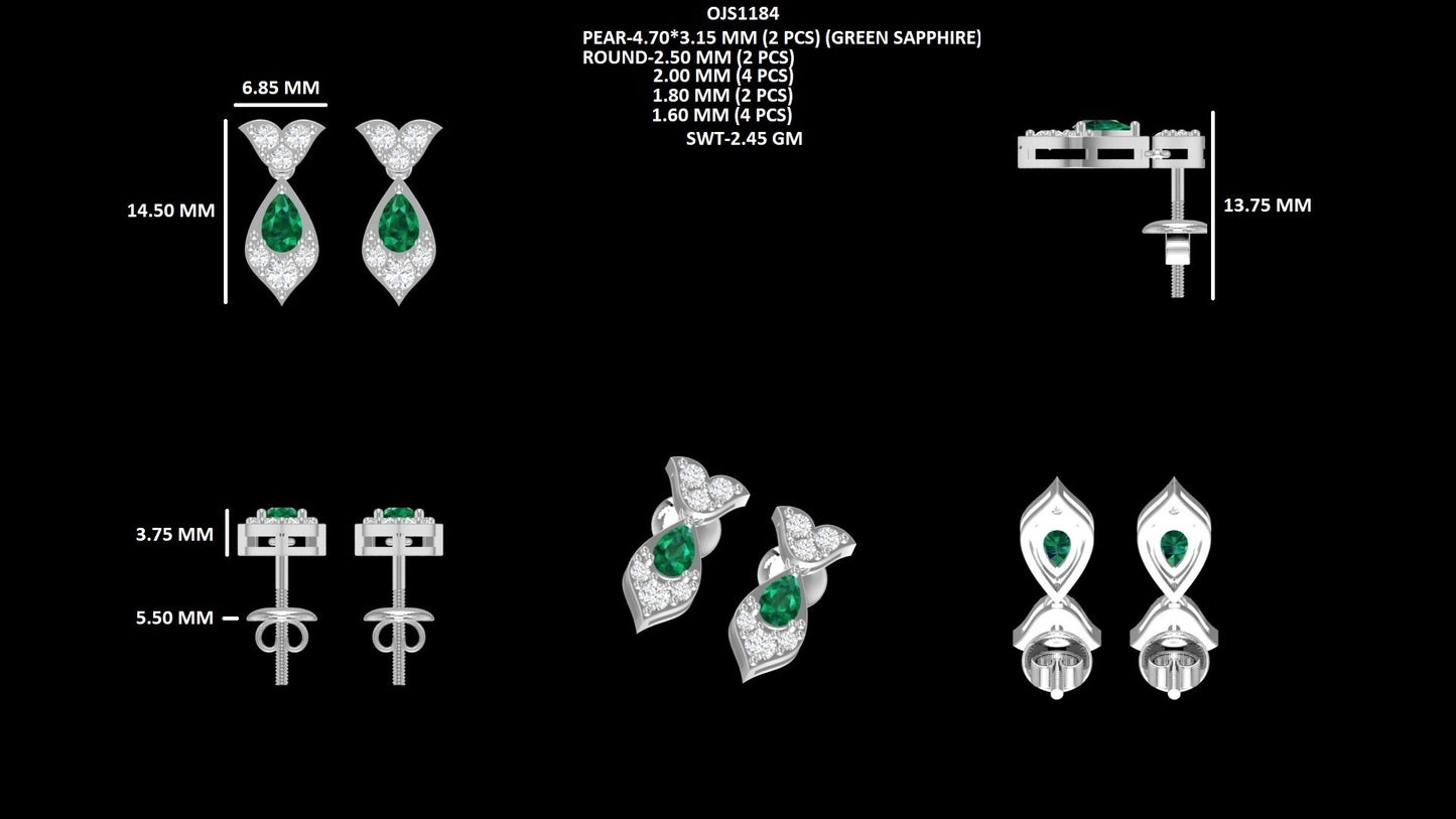 Pear Cut Emerald Gemstone Dangle Earrings