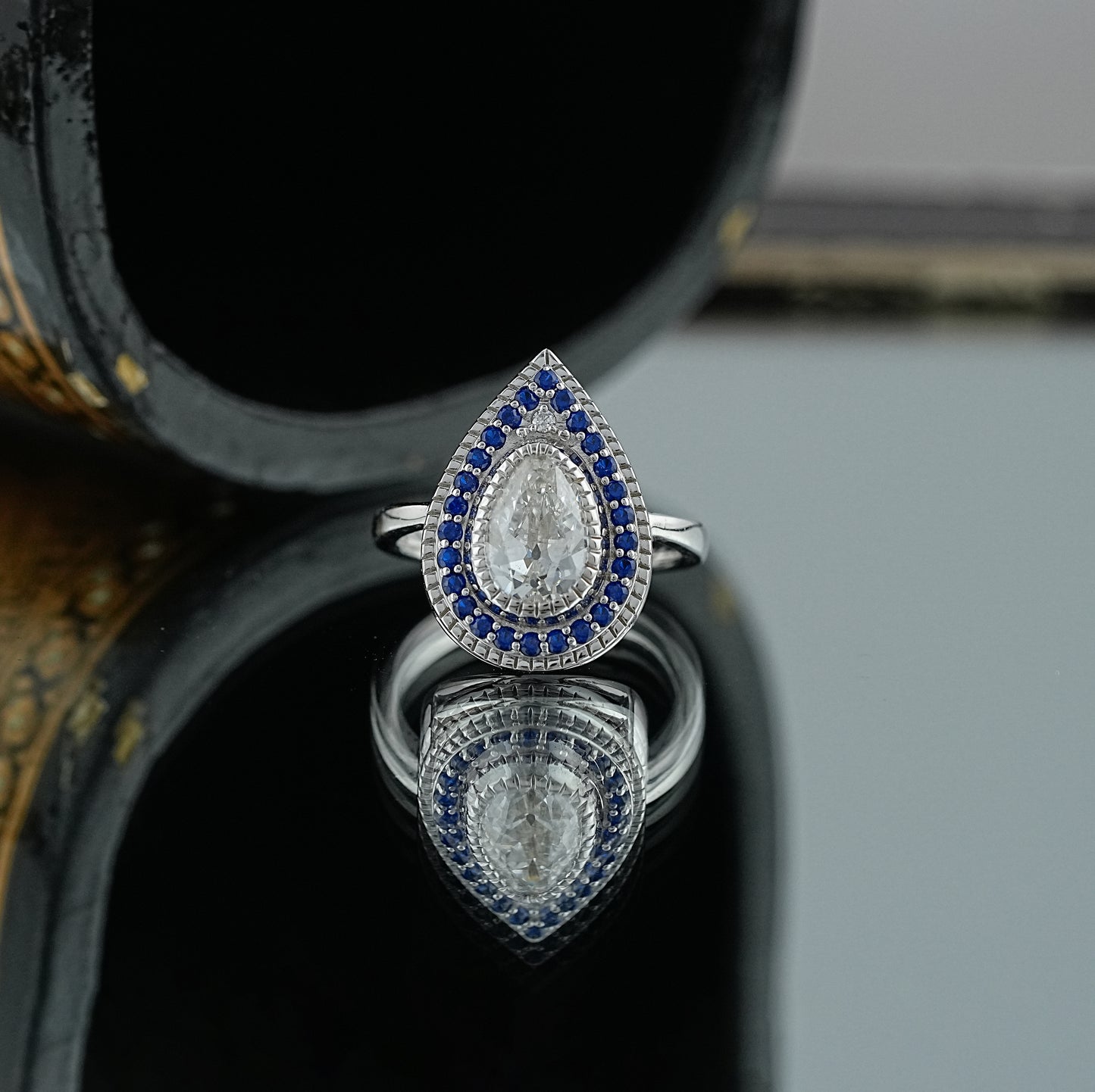 Old Mine Pear Halo Engagement Ring