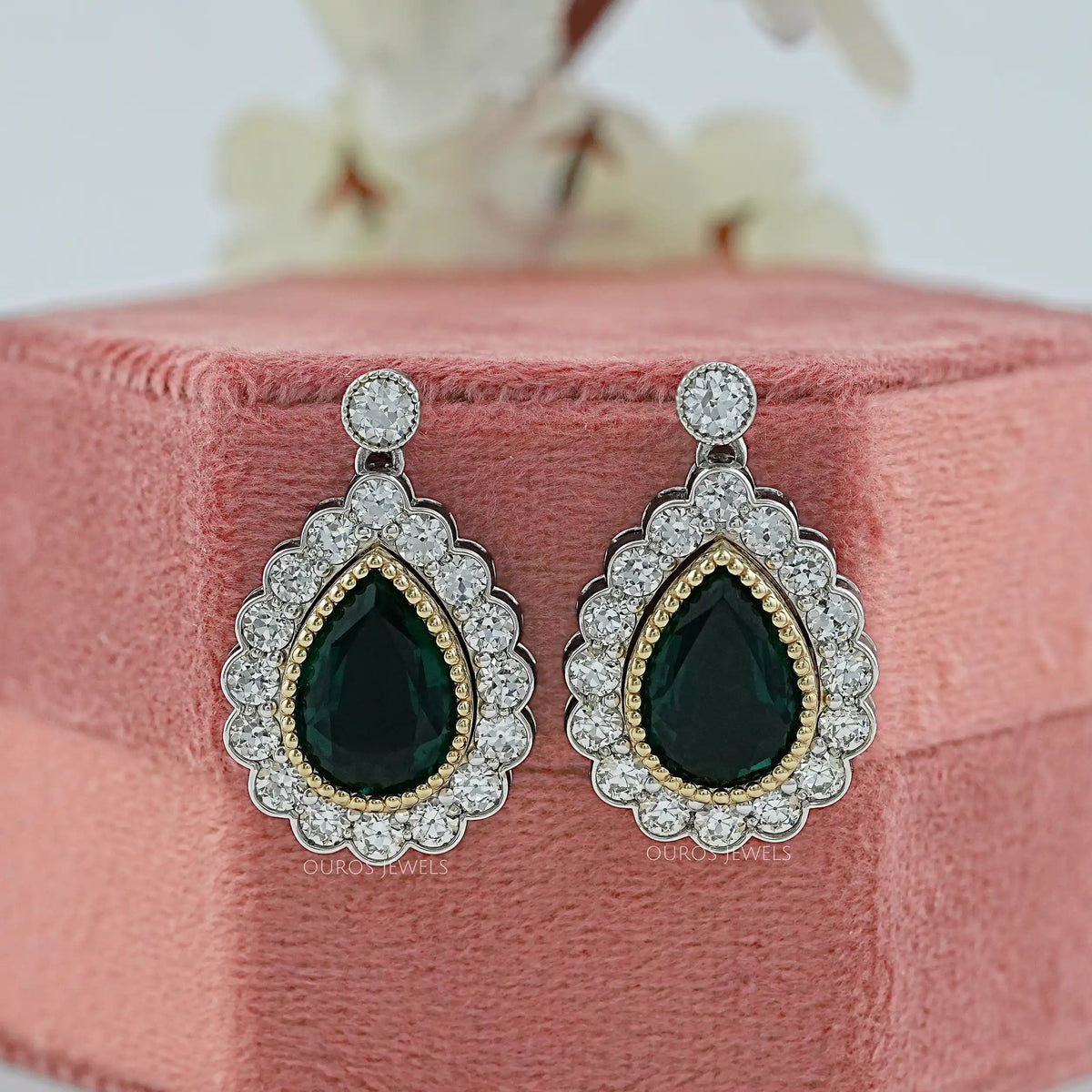 Green Pear Gemstone Halo Drop Earrings