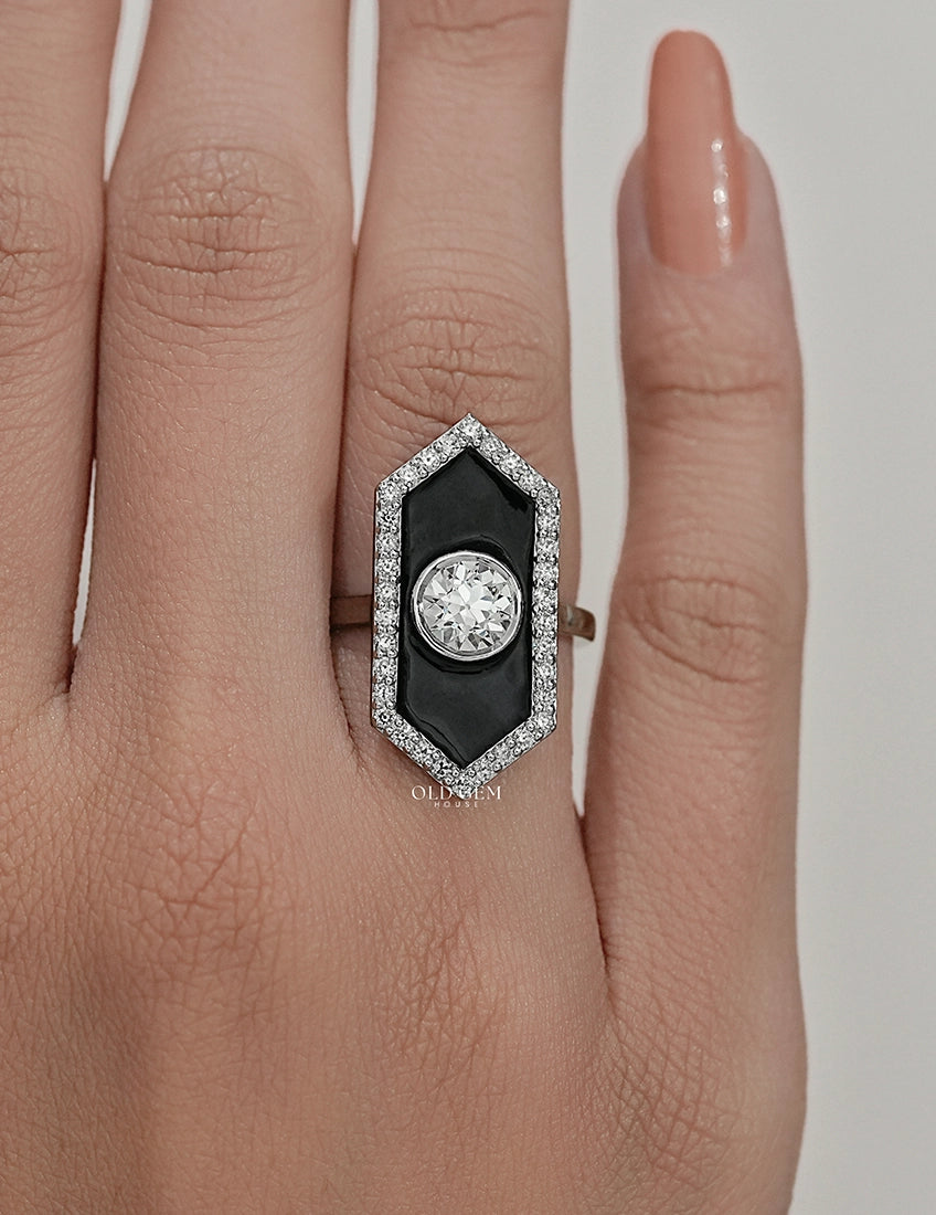 Old European Round Cut Black Enamel Halo Ring