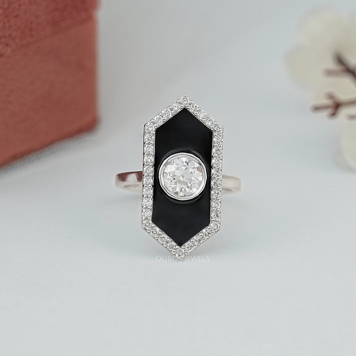 Old European Round Cut Black Enamel Halo Ring