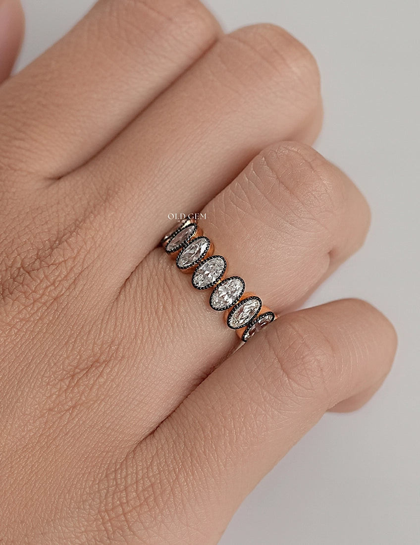 Old Mine Moval Diamond Filgree Bezel Wedding Band