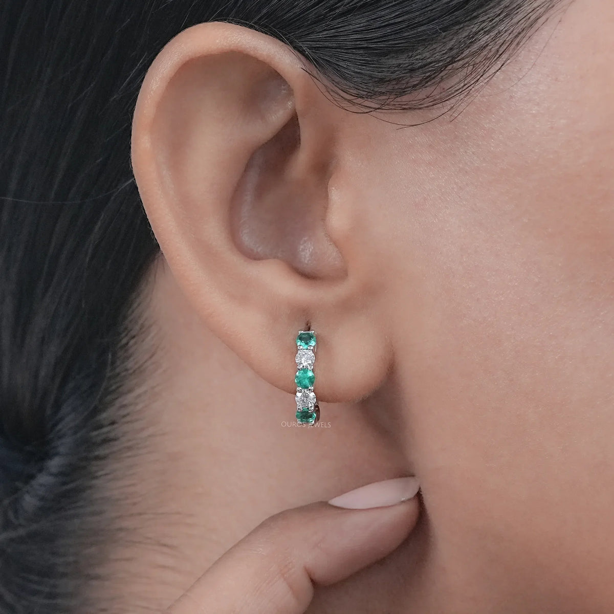 Green Round Diamond Hoop Earrings