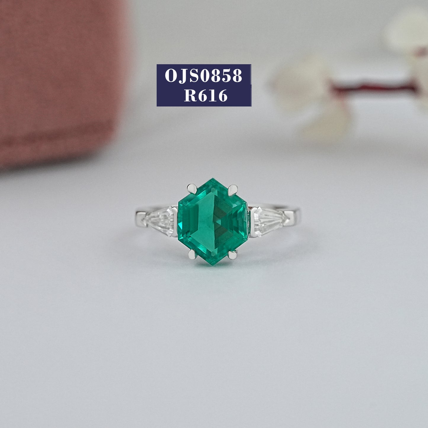 Hexagon Cut Green Emerald Three Stone Engagement Ring