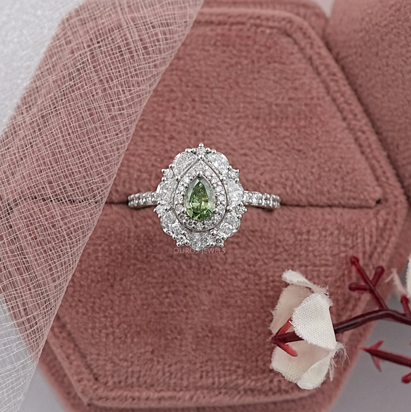 Pear Cut Lab Diamond Halo Accent Ring