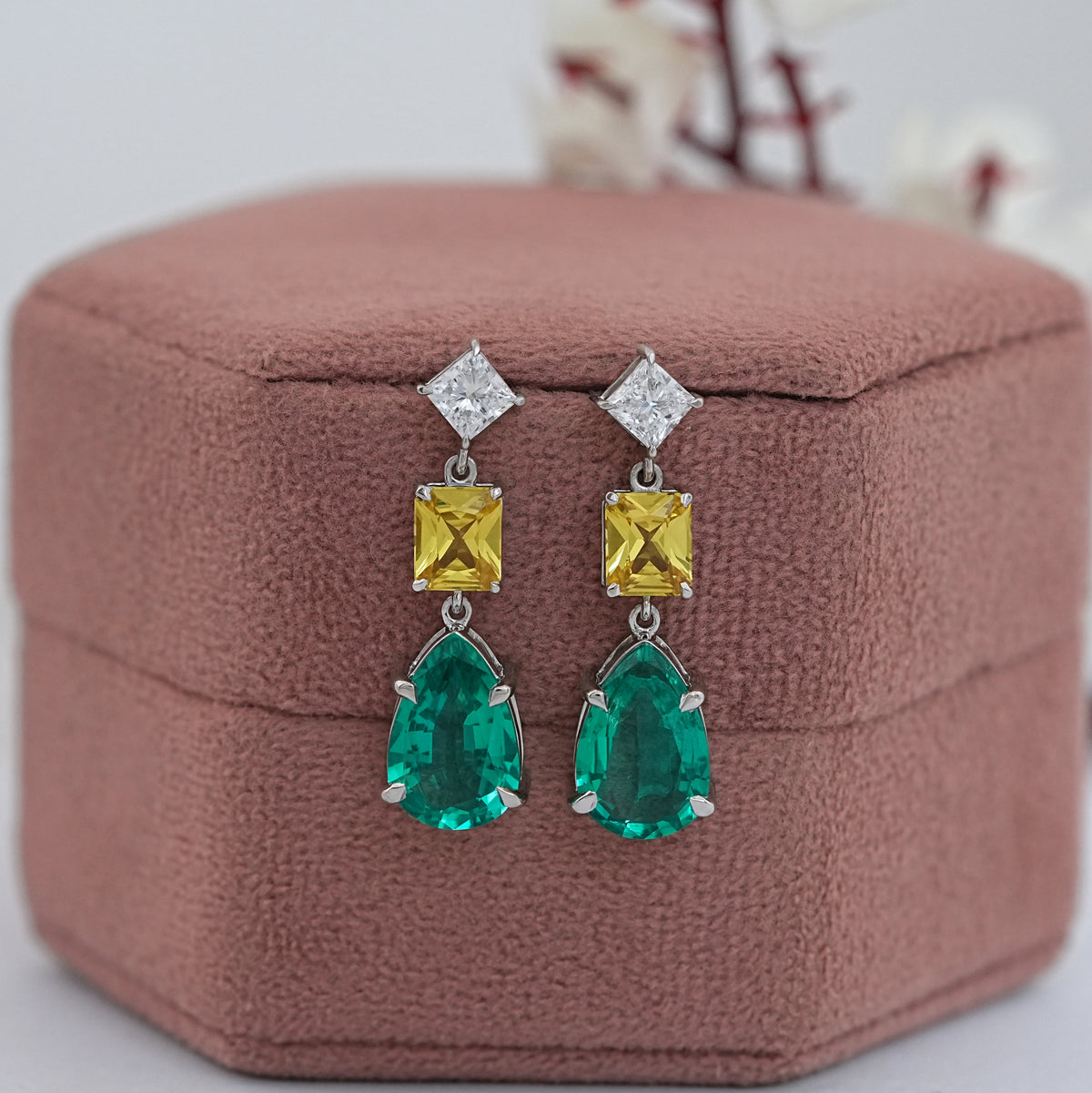 Pear And Radiant Gemstone Dangle Drop Earrings