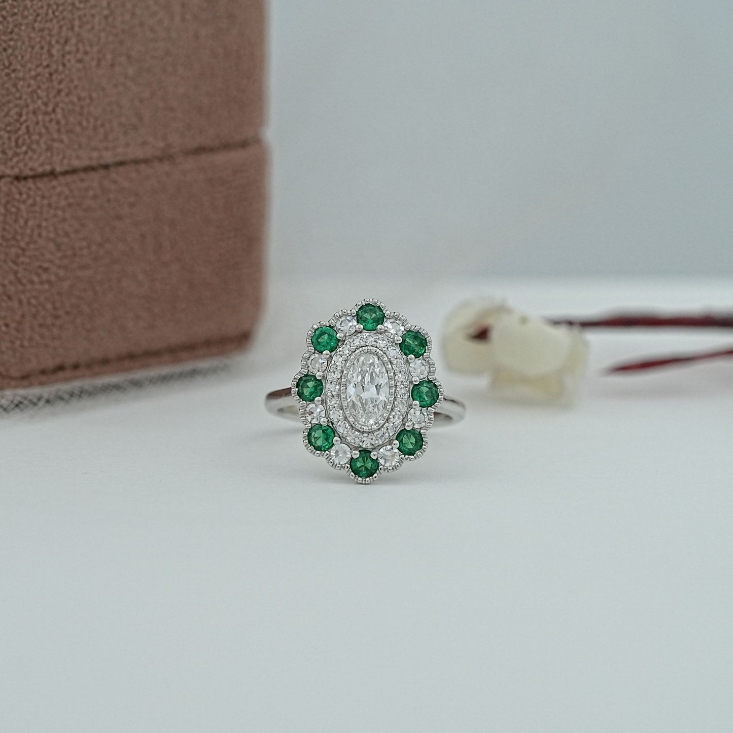 Old Mine Oval Double Halo Lab Diamond Engagement Ring