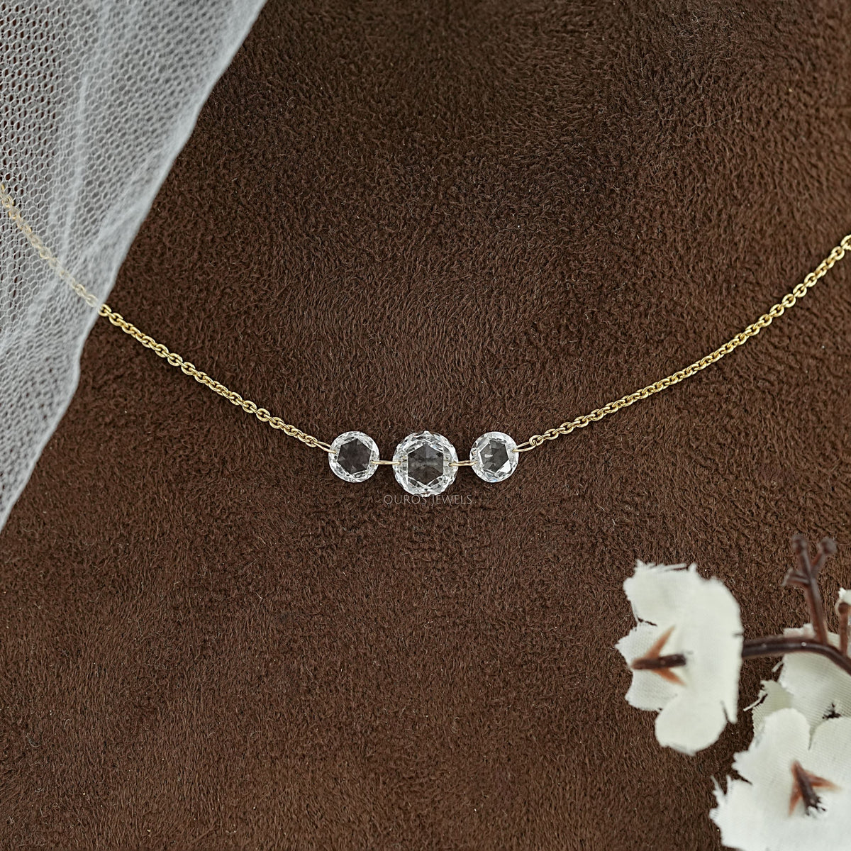 Three Stone Rose Cut Round Diamond Pendant
