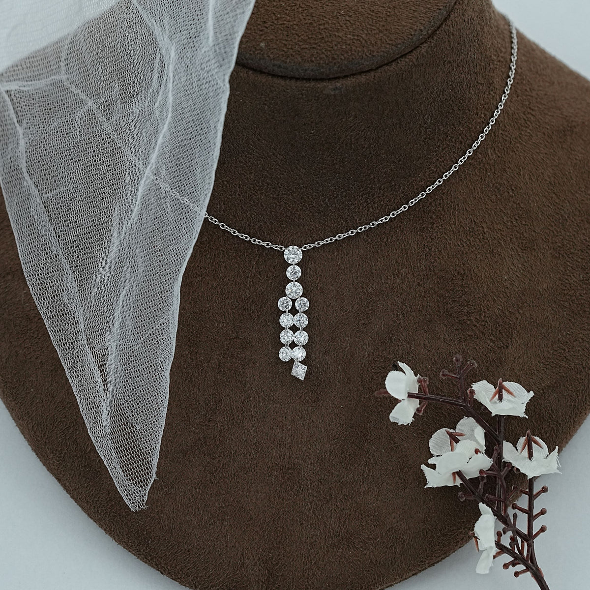Princess And Round Diamond Drop Necklace