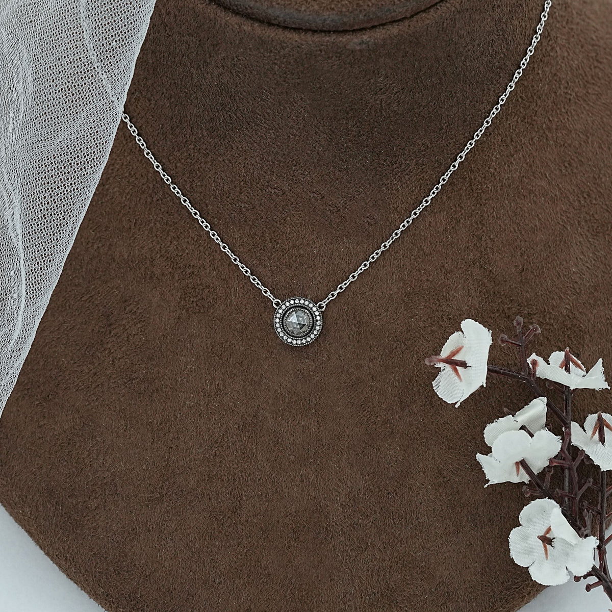 Round Rose Cut Diamond Halo Necklace