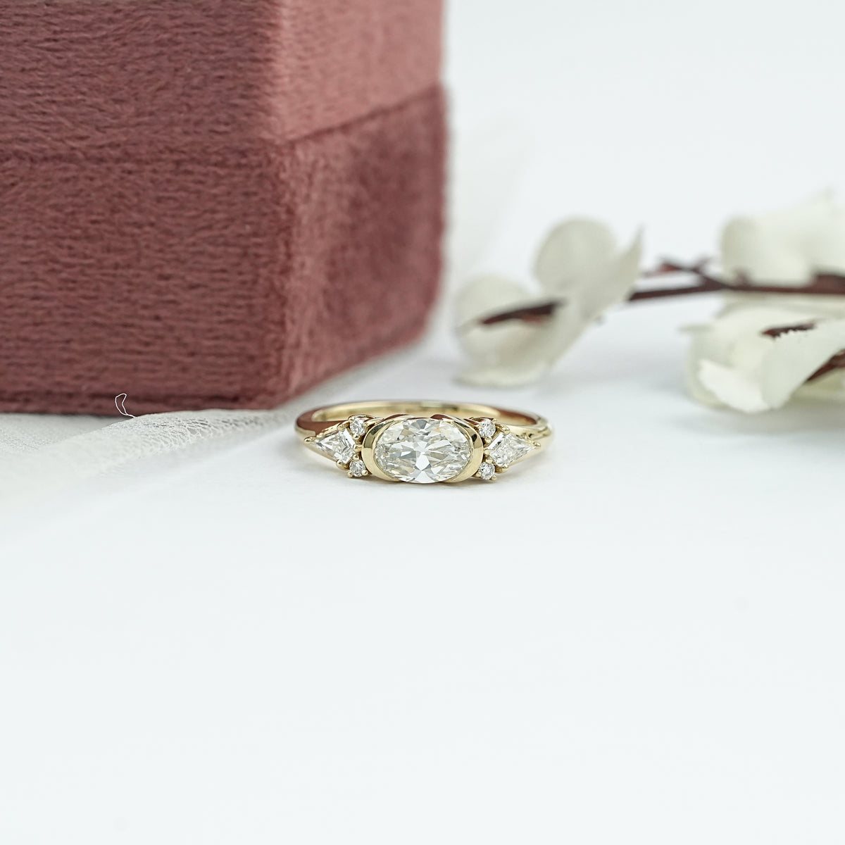Old Mine Moval Half Bezel Set Engagement Ring