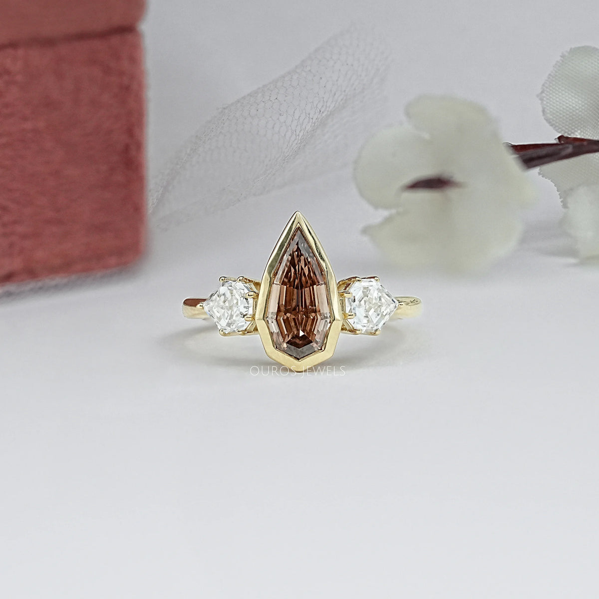 Bezel Champagne Step Cut Pear And Loss Cut Three Stone Ring