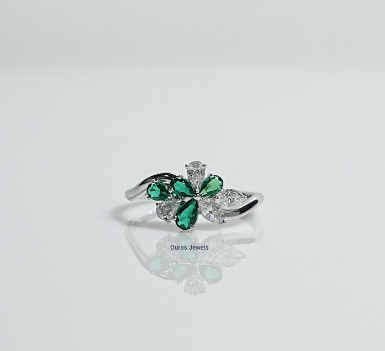 Green Pear Gemstone Cluster Wave Ring