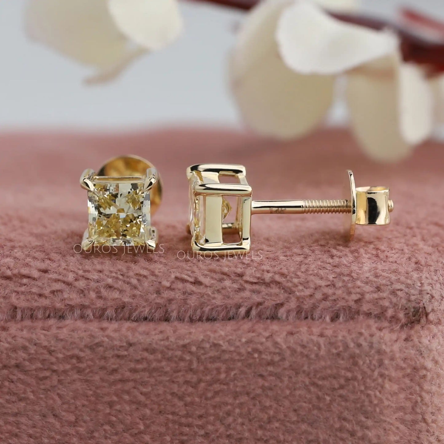 Yellow Princess Cut Stud Earrings