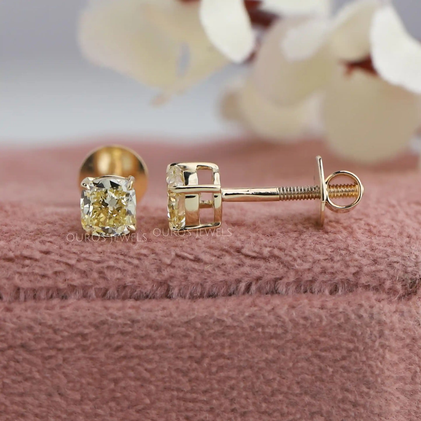 Yellow Cushion Cut Lab Diamond Stud