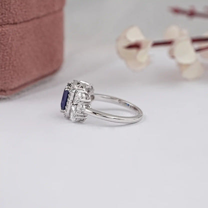 Blue Emerald Cut Halo Lab Diamond Ring