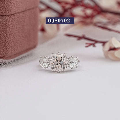 3 Stone OMC Cushion Cut Lab Diamond Ring