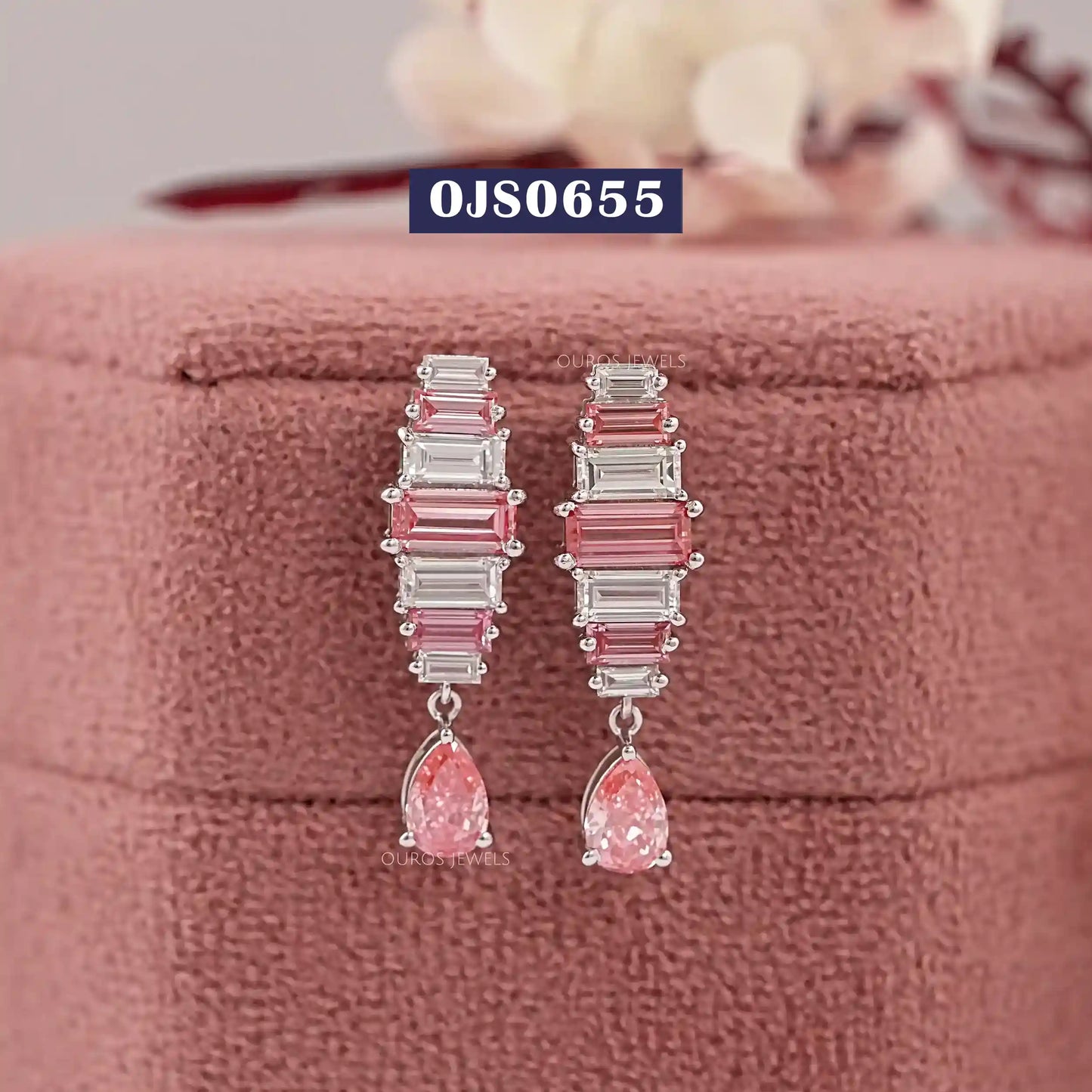7 Stone Pink Baguette Cut Drop Dangle Earring