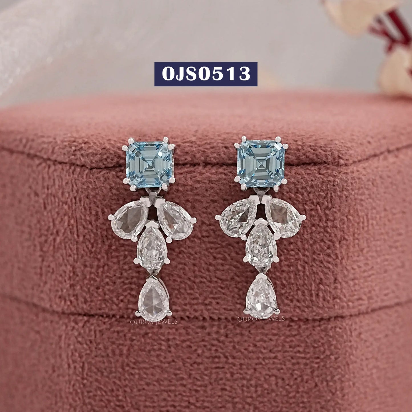 Blue Asscher And Pear Cut Drop Dangle Earring