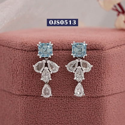 Blue Asscher And Pear Cut Drop Dangle Earring