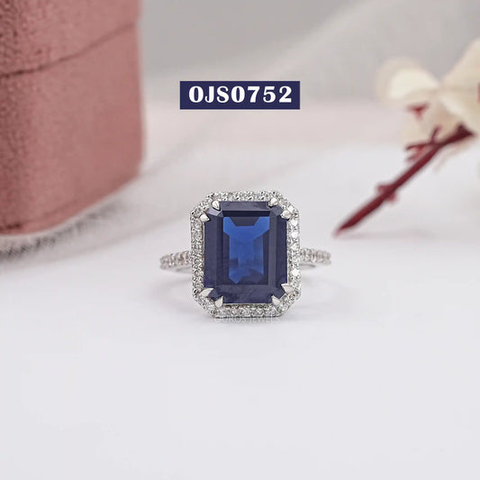 Blue Emerald Cut Halo With Accent Diamond Ring
