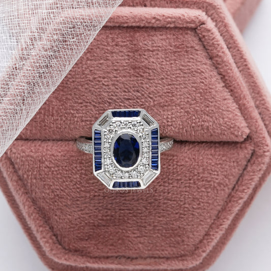 Blue Oval Cut Halo With Accent Diamond Ring