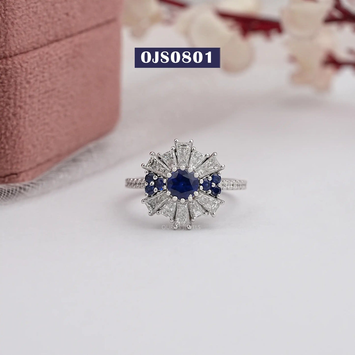 Blue Round Gemstone With Tapered Baguette Ring