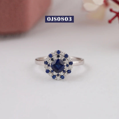 Blue Sapphire Cushion Cut Double Halo Ring