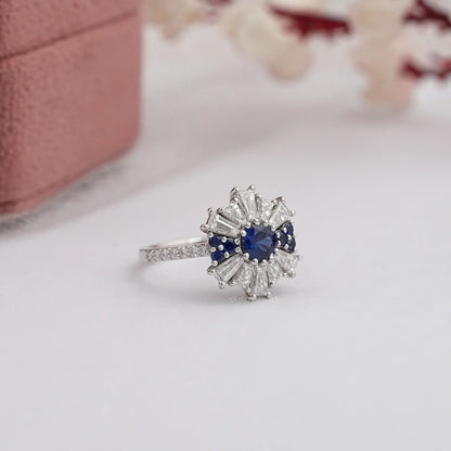 Blue Round Gemstone With Tapered Baguette Ring