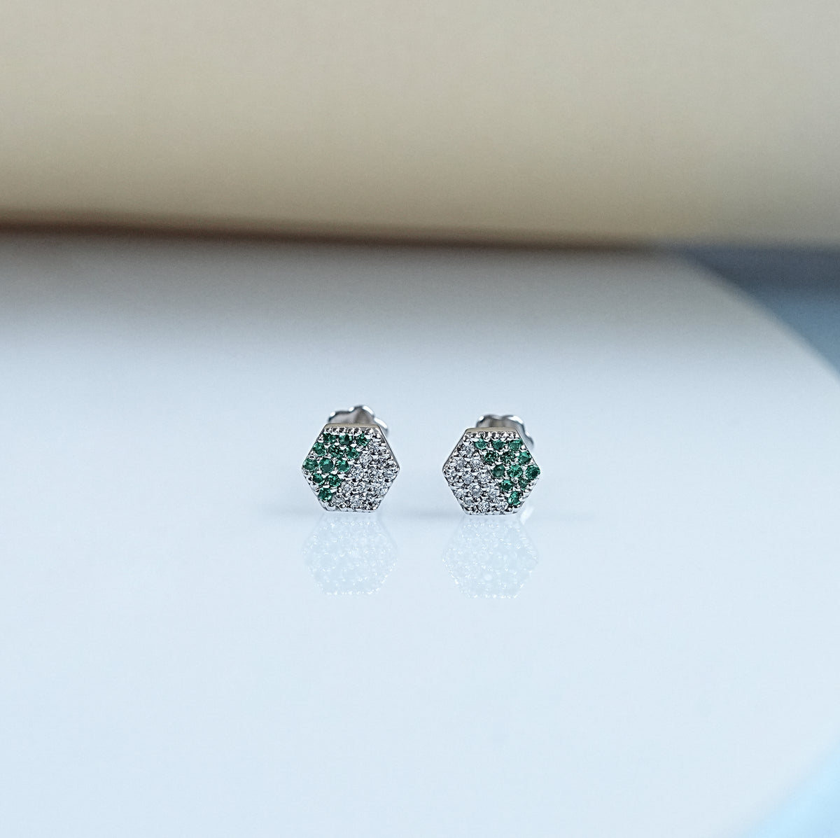 Diamond And Gemstone Pave Set Hexagon Baby Stud