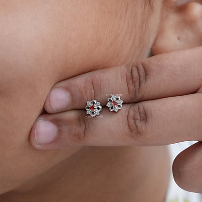 Ruby And Diamond Cluster Earrings For Kids