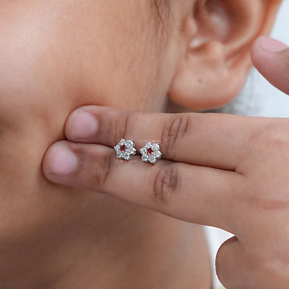 Round Cut Ruby Floral Shape Stud Earrings