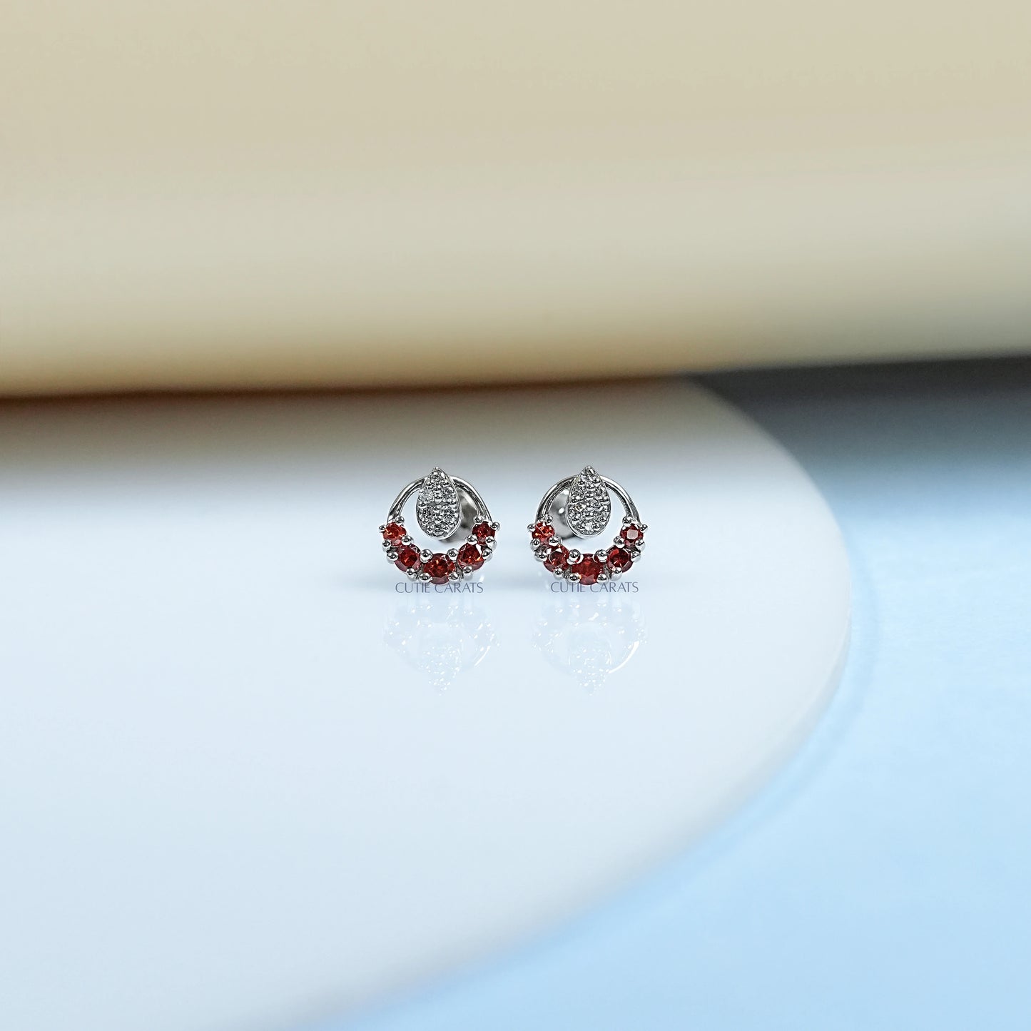 Round Diamond And Ruby Stud Earrings