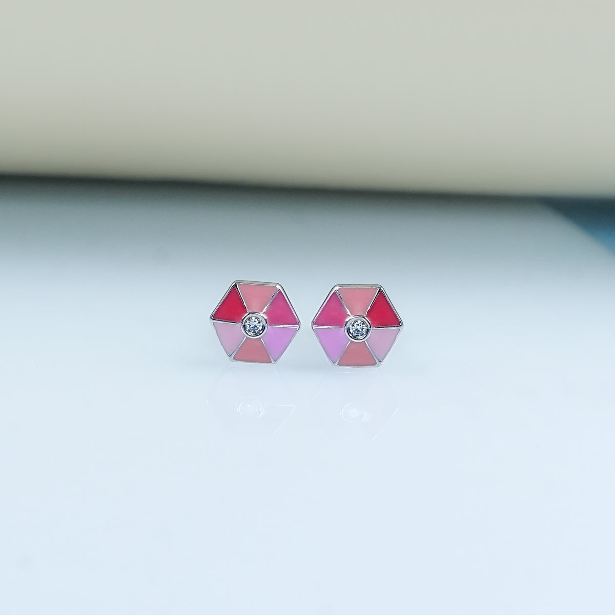 Pink Enamel Hexagon Shape Earrings