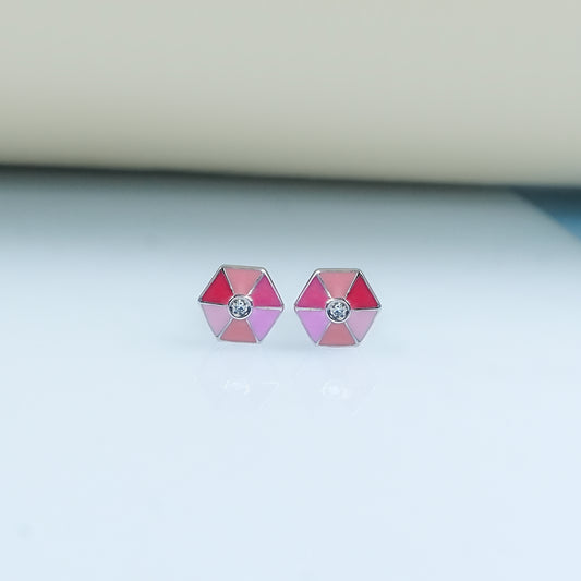 Pink Enamel Hexagon Shape Earrings