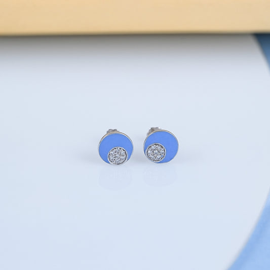 Sky Blue Enamel Round Diamond Pave Set Kids Stud Earrings