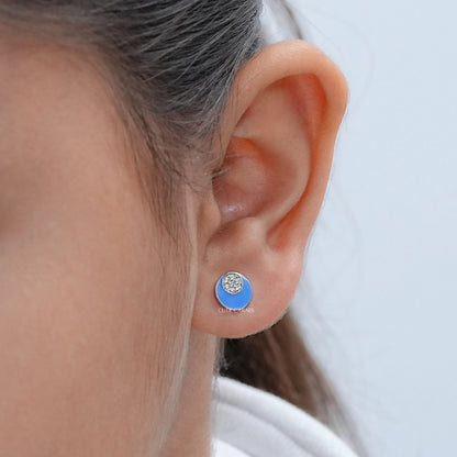 Sky Blue Enamel Round Diamond Pave Set Kids Stud Earrings