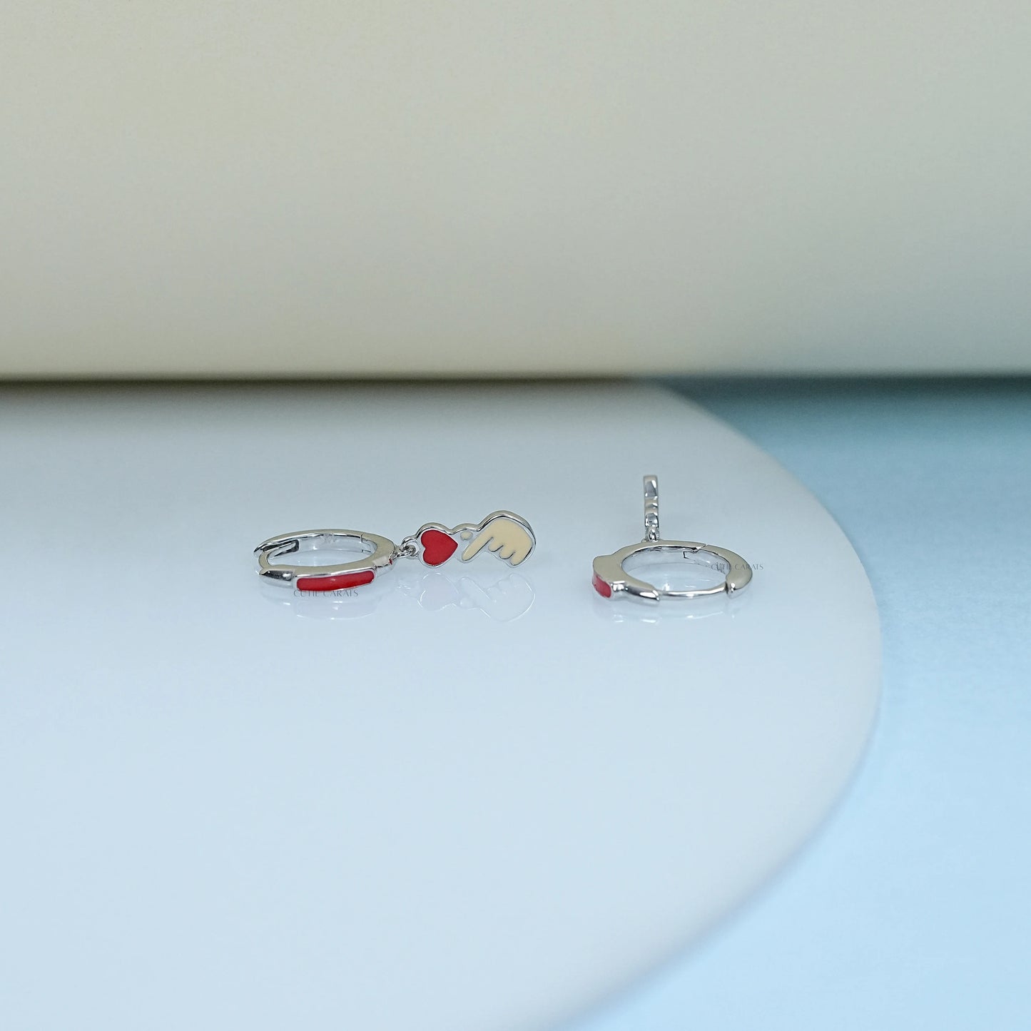 Red Enamel Korean Finger Heart Earrings